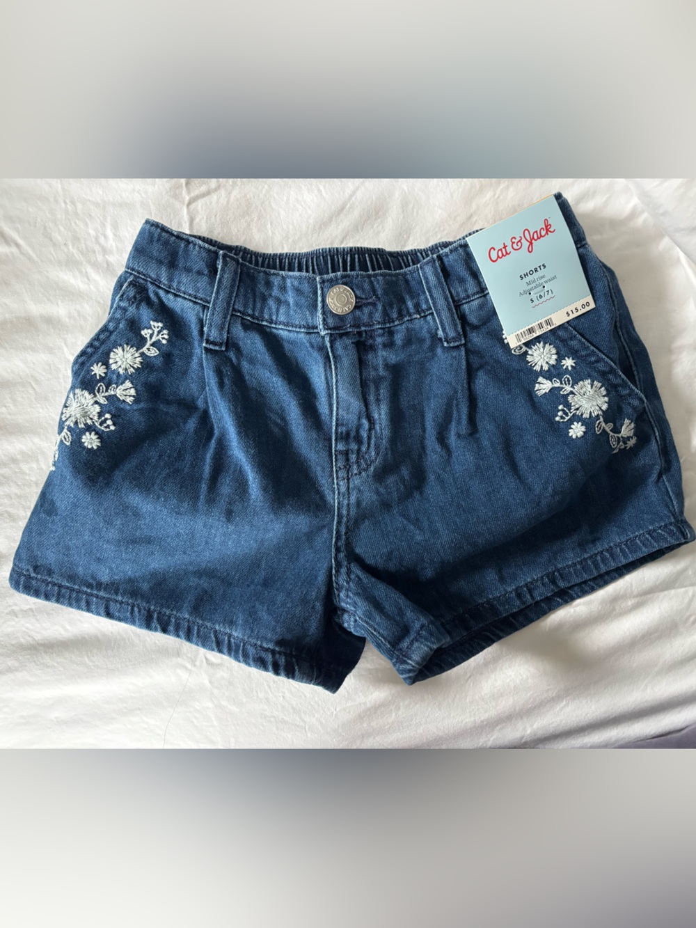 Cat & Jack Blue Denim Shorts with White Floral Embroidery